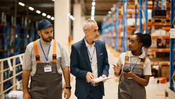 Warehouse workers walk and talk